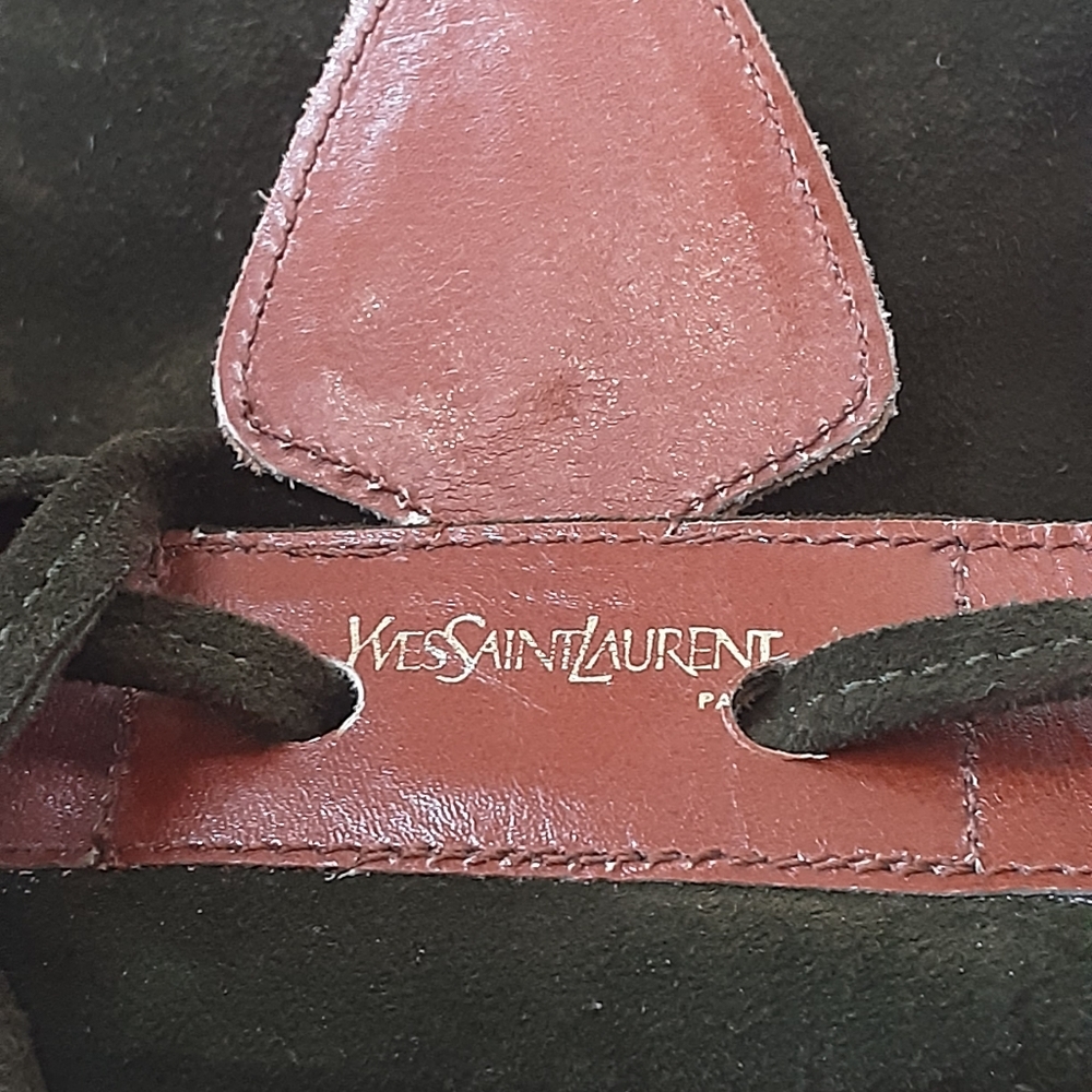 VTG YVES STAINT LAURANT ANJA Green Suede Caramel Leather Mini Bucket Bag - Picture 12 of 13